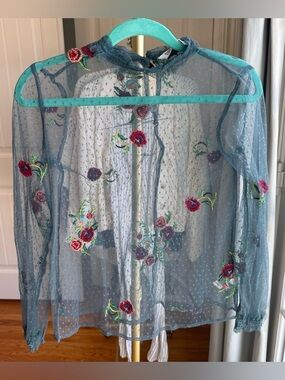 Sheer Embroidered Floral Mesh Blouse in Teal